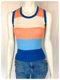 VINTAGE 1970s BLUE CREAM PEACH SKINNY RIB FINE KNIT TANK TOP VEST T SHIRT JUMPER UK6-10