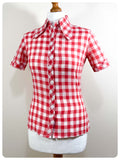 VINTAGE 70’s WESTERN SHIRT RED WHITE PLAID BLOUSE DAGGER COLLAR SKINNY FITTED UK 8