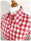 VINTAGE 70’s WESTERN SHIRT RED WHITE PLAID BLOUSE DAGGER COLLAR SKINNY FITTED UK 8