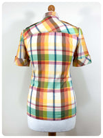 VINTAGE 70’s WESTERN SHIRT MULTI COLOUR PLAID BLOUSE DAGGER COLLAR SKINNY FITTED UK 8