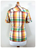 VINTAGE 70’s WESTERN SHIRT MULTI COLOUR PLAID BLOUSE DAGGER COLLAR SKINNY FITTED UK 8