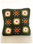 VINTAGE 70’s HAND CROCHET GRANNY SQUARE DAISY FLOWERS CUSHION COVER GREEN ORANGE CAMPER CARAVAN RETRO