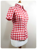 VINTAGE 70’s WESTERN SHIRT RED WHITE PLAID BLOUSE DAGGER COLLAR SKINNY FITTED UK 8