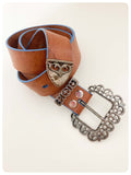 VINTAGE 80’s WIDE DEEP TAN LEATHER WESTERN CINCH WAIST HIP BELT BIG REMOVABLE BUCKLE 26-31