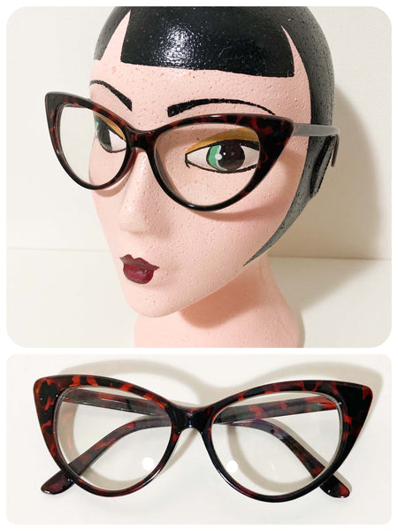 VINTAGE RETRO 1950’s 50s BRAND NEW DEAD STOCK CLEAR LENS TORTOISESHELL CAT EYE GLASSES BIG OVERSIZED FRAMES