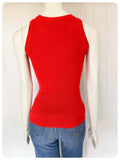 VINTAGE 1970s BRIGHT RED SKINNY RIB FINE KNIT TANK TOP VEST T SHIRT JUMPER STRAWBERRY EMBROIDERY UK6-10