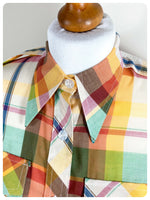 VINTAGE 70’s WESTERN SHIRT MULTI COLOUR PLAID BLOUSE DAGGER COLLAR SKINNY FITTED UK 8