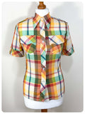 VINTAGE 70’s WESTERN SHIRT MULTI COLOUR PLAID BLOUSE DAGGER COLLAR SKINNY FITTED UK 8