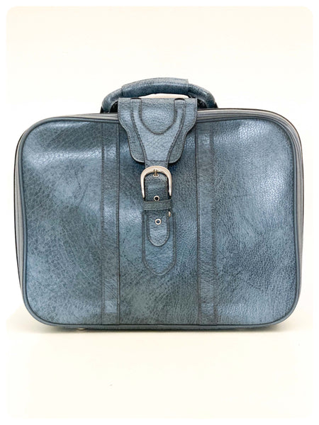 VINTAGE 1960’s 70’s BLUE FAUX LEATHER HAND LUGGAGE WEEKEND BAG CASE RETRO SUITCASE