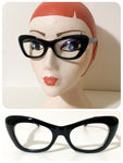 VINTAGE RETRO 1950’s 50s BRAND NEW DEAD STOCK CLEAR LENS BLACK CAT EYE GLASSES CHUNKY THICK FRAMES