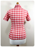 VINTAGE 70’s WESTERN SHIRT RED WHITE PLAID BLOUSE DAGGER COLLAR SKINNY FITTED UK 8