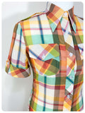 VINTAGE 70’s WESTERN SHIRT MULTI COLOUR PLAID BLOUSE DAGGER COLLAR SKINNY FITTED UK 8