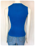 VINTAGE 1970s BLUE CREAM PEACH SKINNY RIB FINE KNIT TANK TOP VEST T SHIRT JUMPER UK6-10