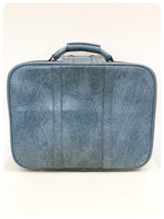 VINTAGE 1960’s 70’s BLUE FAUX LEATHER HAND LUGGAGE WEEKEND BAG CASE RETRO SUITCASE