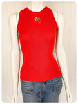 VINTAGE 1970s BRIGHT RED SKINNY RIB FINE KNIT TANK TOP VEST T SHIRT JUMPER STRAWBERRY EMBROIDERY UK6-10