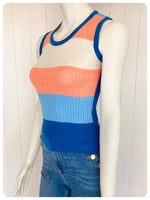 VINTAGE 1970s BLUE CREAM PEACH SKINNY RIB FINE KNIT TANK TOP VEST T SHIRT JUMPER UK6-10