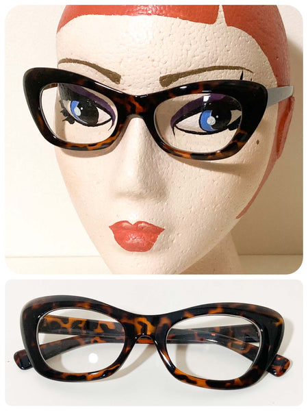 VINTAGE RETRO 1950’s 50s BRAND NEW DEAD STOCK CLEAR LENS TORTOISESHELL CAT EYE GLASSES CHUNKY THICK FRAMES