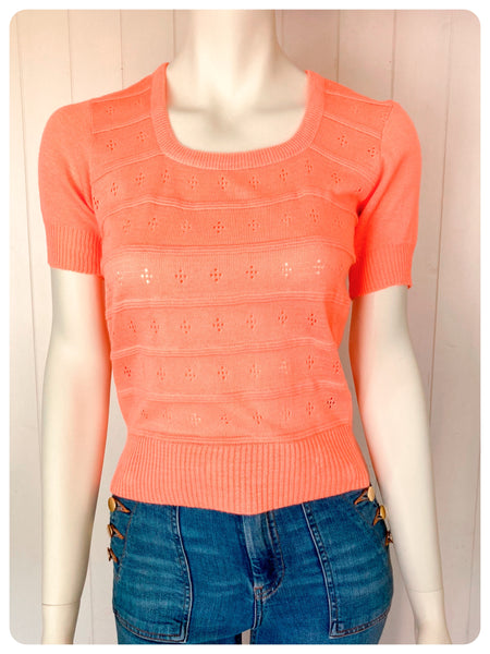 VINTAGE 1970s PEACH CORAL SKINNY RIB FINE KNIT TOP T SHIRT JUMPER UK8-12