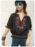 Vintage 1970s Floral Hand Embroidered Black Peasant Top