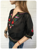 Vintage 1970s Floral Hand Embroidered Black Peasant Top