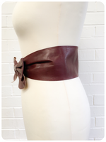 Vintage 1980’s Super Wide Burgundy Leather Bow Waist Cinch Belt 29 inches UK12