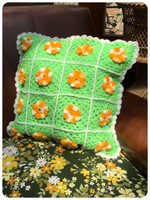 VINTAGE 70’s HAND CROCHET GRANNY SQUARE FLOWERS CUSHION COVER