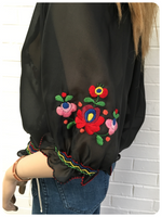 Vintage 1970s Floral Hand Embroidered Black Peasant Top