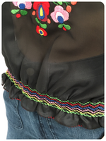 Vintage 1970s Floral Hand Embroidered Black Peasant Top