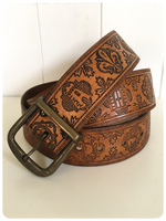 VINTAGE 70’s TOOLED DEEP TAN LEATHER BELT BOHEMIAN HIPPIE ETHNIC 30-33 INCHES