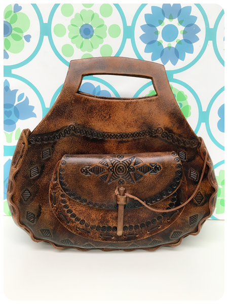 Vintage 70s Bohemian Tooled Deep Tan Leather Saddle Bag Handbag
