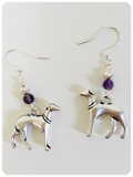 Hand Crafted 925 Sterling Silver Whippet Greyhound Sighthound Amethyst Gemstone Earrings