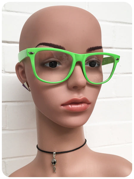 Retro 80s Neon Green Wayfarer Horn Rim Clear Lens Geek Glasses