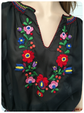 Vintage 1970s Floral Hand Embroidered Black Peasant Top