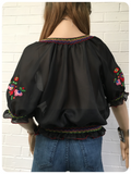 Vintage 1970s Floral Hand Embroidered Black Peasant Top