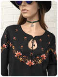 Vintage 70s Floral Hand Embroidered Black Peasant Top Blouse