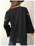 Vintage 70s Floral Hand Embroidered Black Peasant Top Blouse