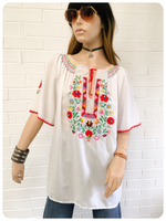 Vintage 1970s Floral Hand Embroidered Peasant Top