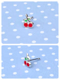 CUTE RETRO CHERRIES CHERRY NOSE STUD RING STERLING SILVER RED GREEN ENAMEL 6mm 0.6mm 22g