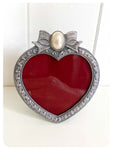 KITSCH VINTAGE 80’s ORNATE CARVED HEART SHAPE PEWTER PICTURE PHOTO FRAME FAUX PEARL BOW