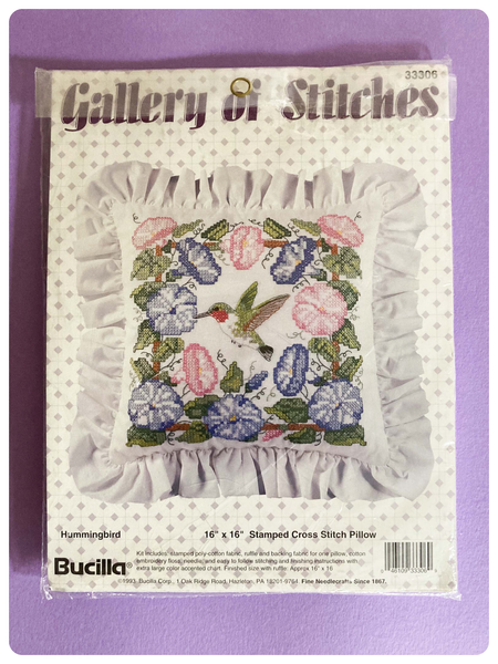 VINTAGE 1990’s BUCILLA GALLERY OF STITCHES 33306 HUMMINGBIRD CROSS STITCH RUFFLE PILLOW KIT