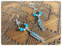 HAND CRAFTED ANTIQUE SILVER TURQUOISE NATURAL GEMSTONE INDIAN FEATHER DANGLE DROP BOHO EARRINGS