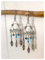 HANDMADE OXIDISED ANTIQUE SILVER INDIAN FEATHER TRIANGLE TURQUOISE HOWLITE NATURAL GEMSTONE DROP EARRINGS RETRO BOHO