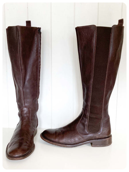 VINTAGE BODEN DARK BROWN LEATHER KNEE LENGTH ZIP UP RIDING EQUESTRIAN BOOTS RETRO BOHO HIPPY UK3 1/2
