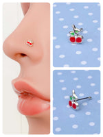 CUTE RETRO CHERRIES CHERRY NOSE STUD RING STERLING SILVER RED GREEN ENAMEL 6mm 0.6mm 22g