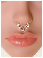 SILVER TRIBAL INDIAN FAN BEADS NON PIERCED CLIP ON FAKE SEPTUM RING
