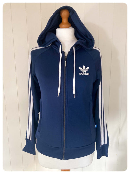 VINTAGE ADIDAS ORIGINALS NAVY BLUE WHITE TREFOIL STRIPE ZIP UP
