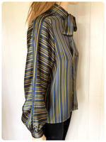VINTAGE 70’s 80’s GREEN BLUE STRIPY STRIPED SILKY PUSSY BOW TIE NECK PUFF SLEEVE BLOUSE SHIRT UK 8