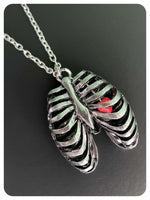 HAND CRAFTED 3D SILVER RIB CAGE HEART SKELETON ANATOMY NECKLACE QUIRKY RETRO