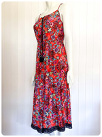 VINTAGE 1970s INDIAN BOHEMIAN PRINTED RED CHEESECLOTH FESTIVAL SUN DRESS UK 10-12