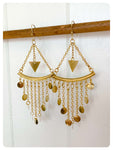 VINTAGE INDIAN ANTIQUE GOLD BRASS TRIANGLE MULTI DISC ROUND COIN CHANDELIER DANGLE DROP EARRINGS
